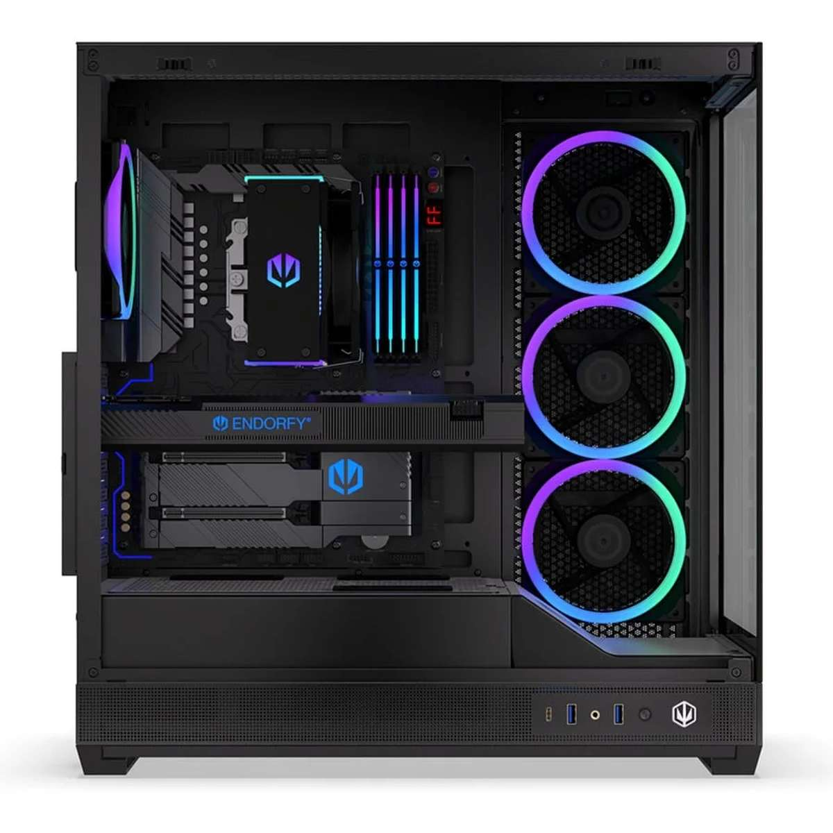 Ein schwarzes PC-Gehäuse mit leuchtend bunten Lüftern, einer Hauptplatine und blauer RGB-Beleuchtung im Inneren.