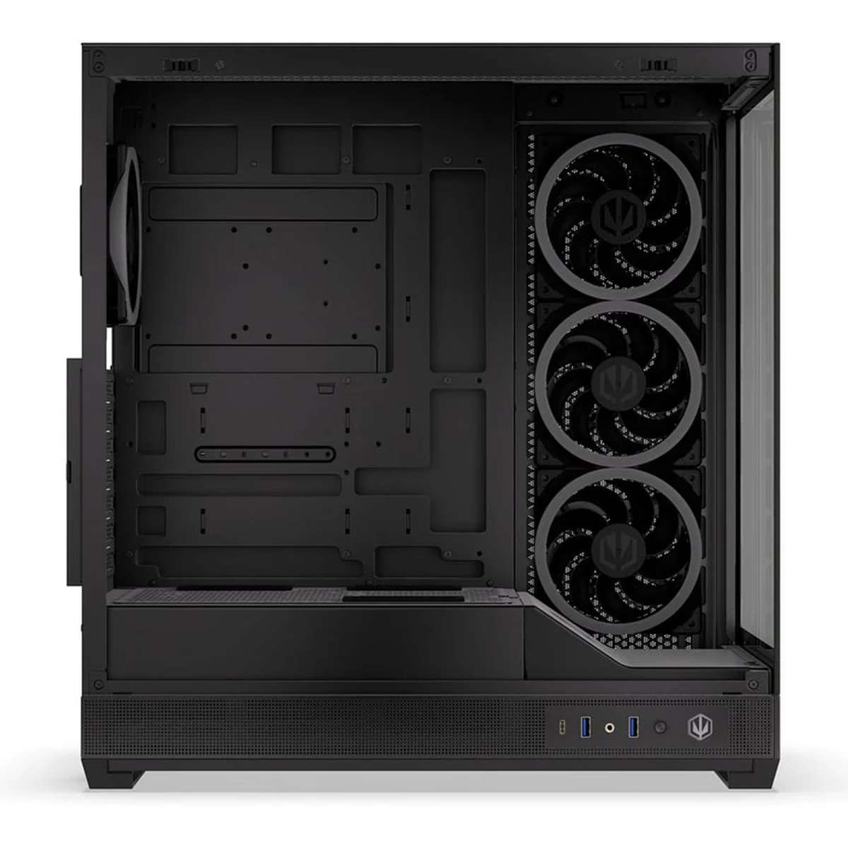 Schwarzes PC-Gehäuse mit drei Lüftern an der Seite und offener Innenansicht.