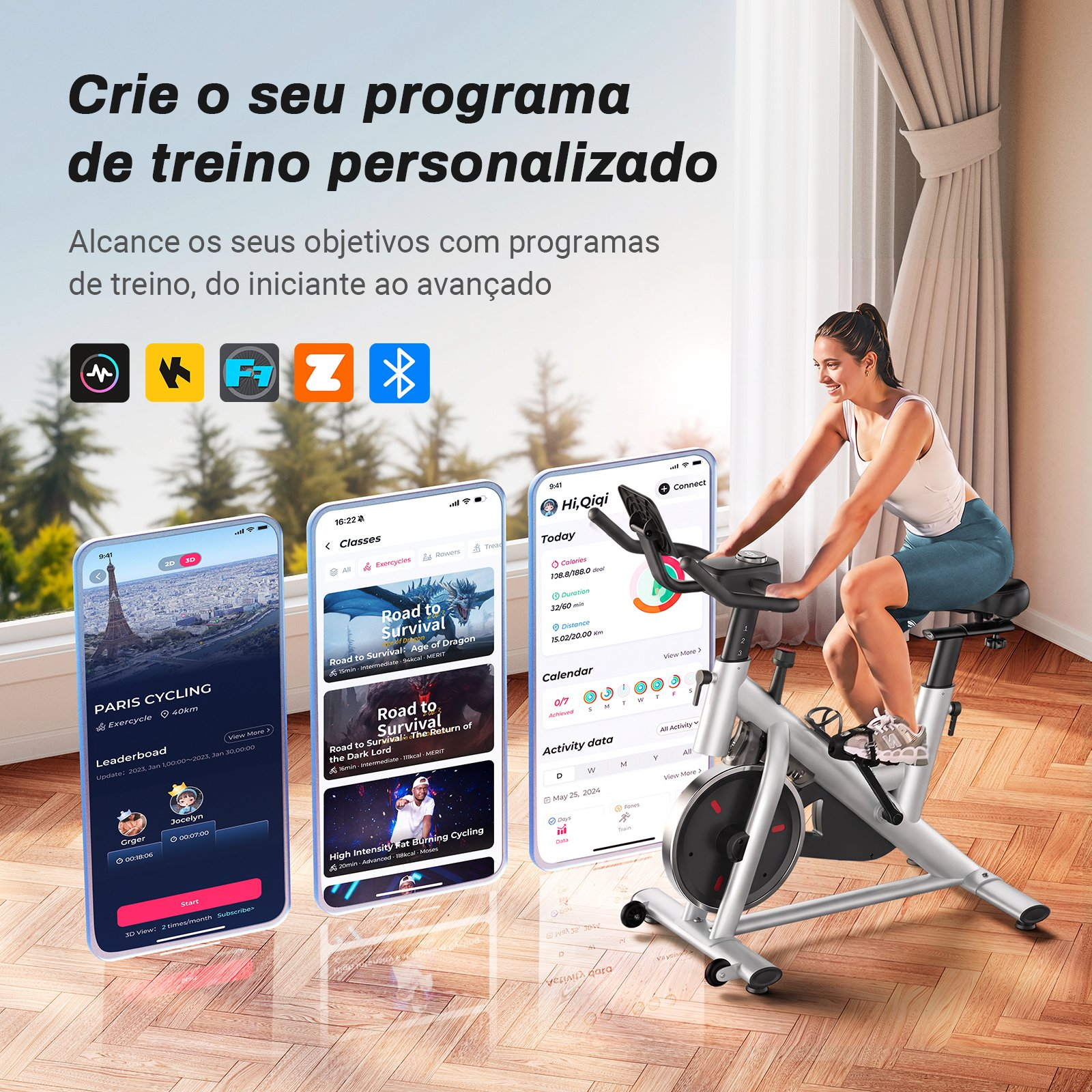 Eine Frau trainiert auf einem Heimtrainer vor einer Kulisse mit Fitness-App-Bildschirmen.