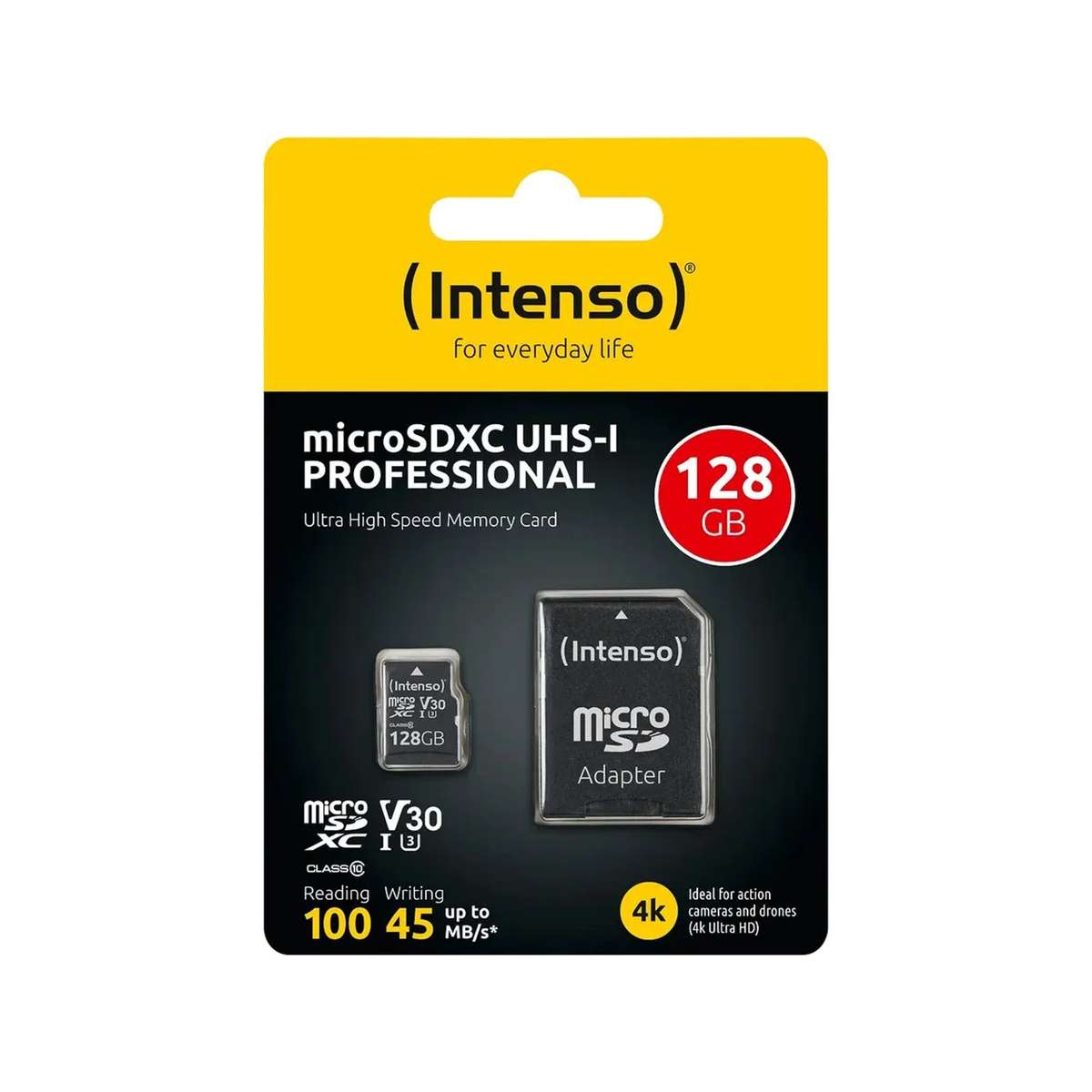 Tarjeta de memoria microSDXC Intenso de 128 GB con adaptador en embalaje amarillo y negro.