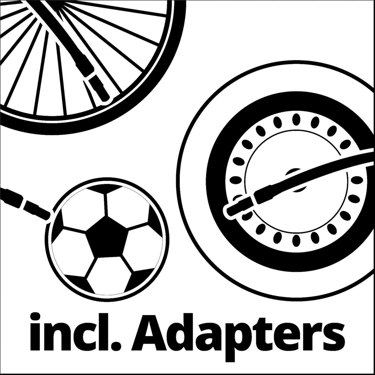 Grafica in bianco e nero con pneumatici di bicicletta, un pallone da calcio e incl. Adapters.