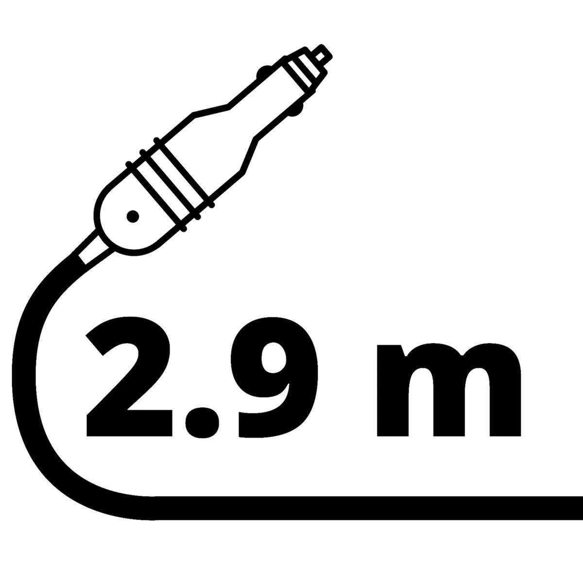 Un disegno al tratto in bianco e nero di una spina per caricabatterie da auto con cavo e la scritta 2.9 m.