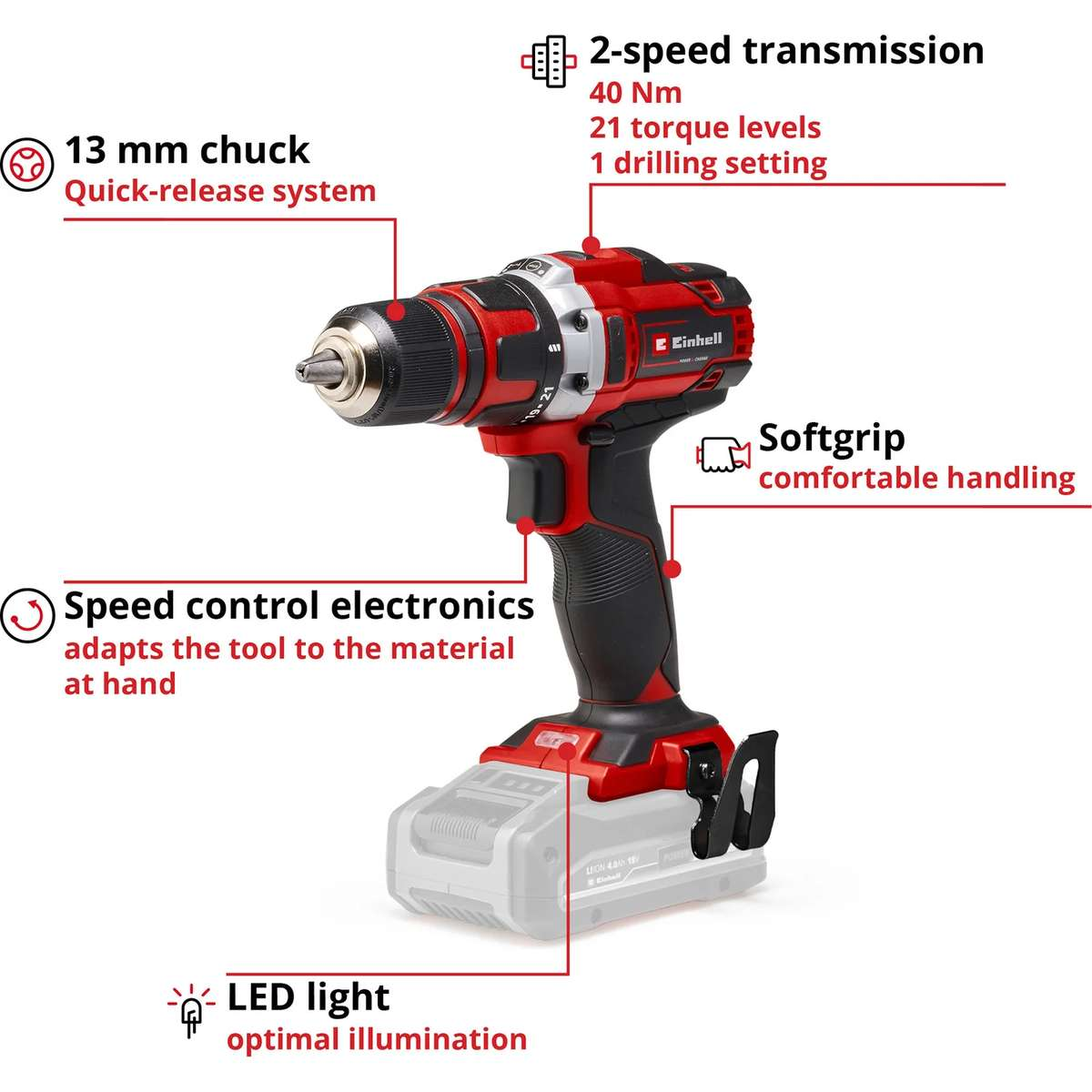 Un trapano a batteria Einhell rosso e nero con etichette delle caratteristiche su sfondo bianco.