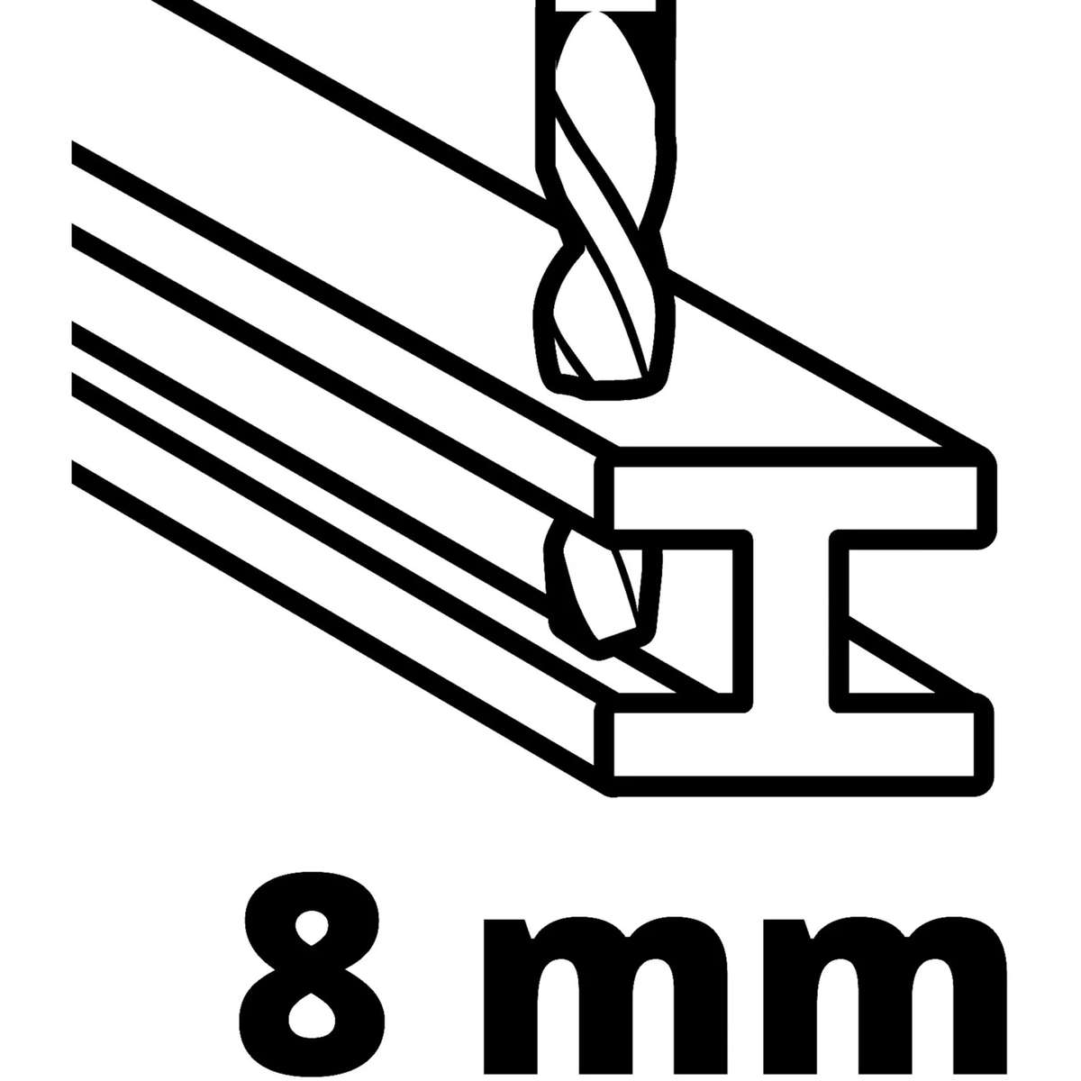 Disegno al tratto nero che mostra una punta da trapano sopra un profilo a doppia T, con la scritta 8 mm sotto.