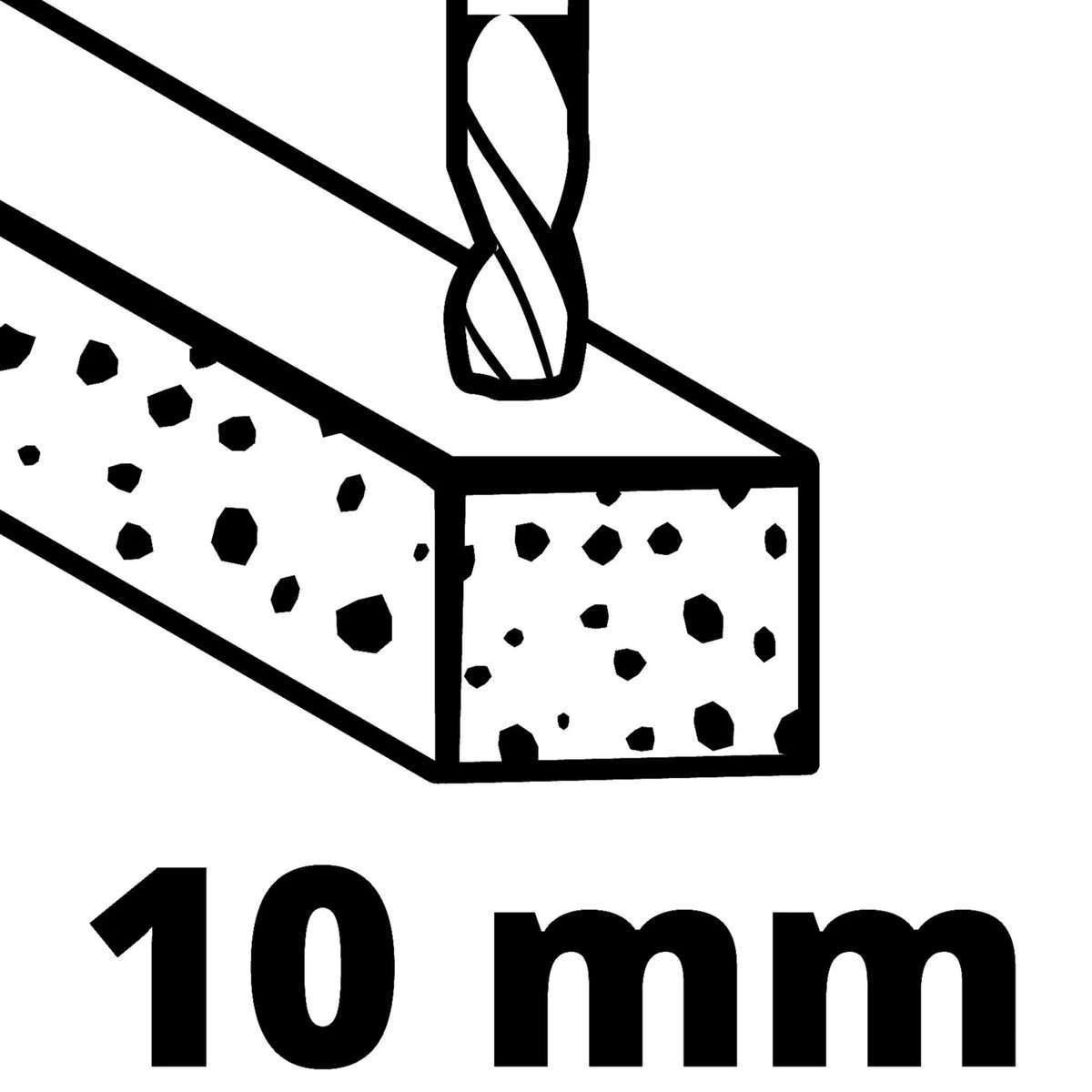 Una punta da trapano fora un materiale simile al cemento, con 10 mm sotto.