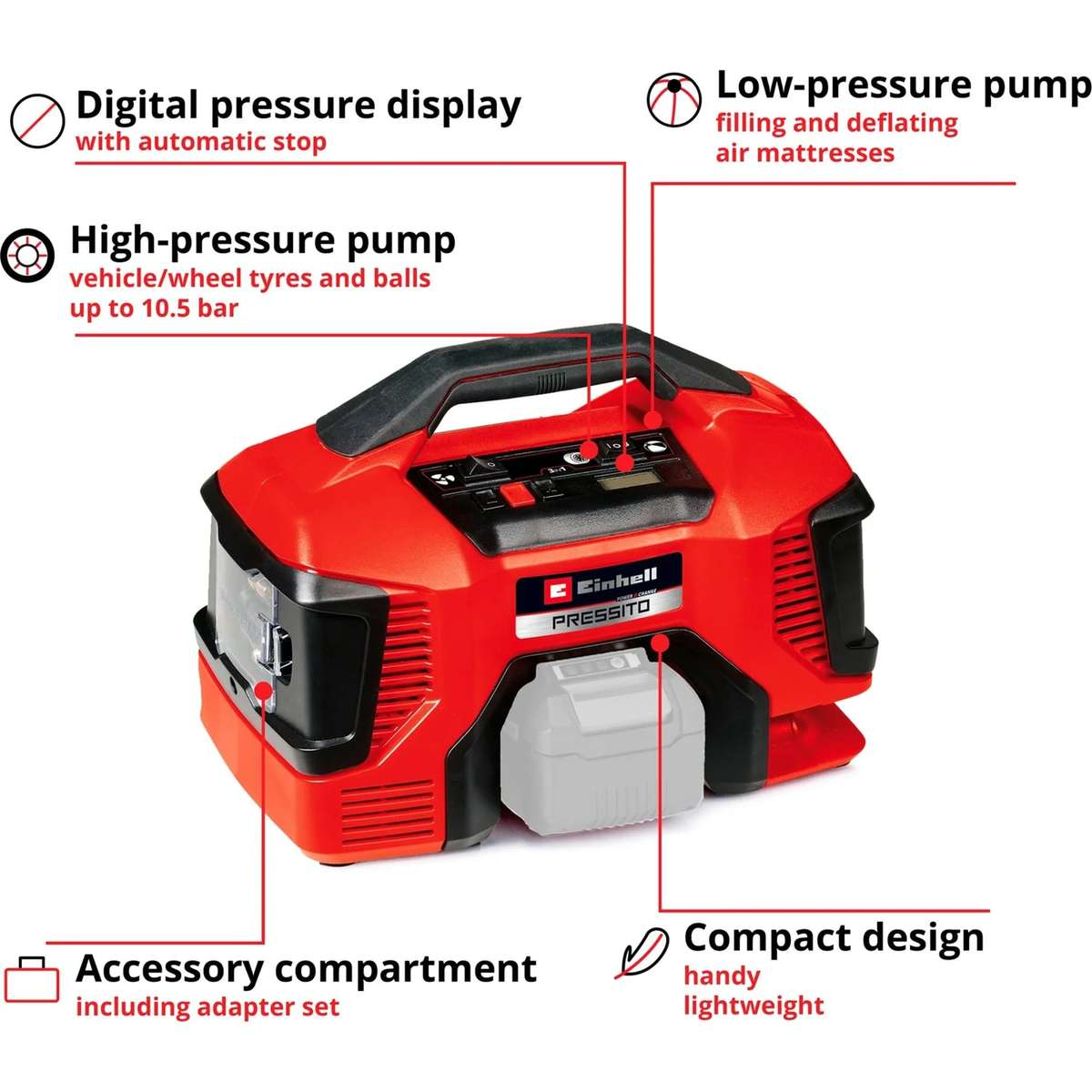 Compressore ibrido Einhell Pressito rosso con etichette per display digitale, pompe e vano accessori.