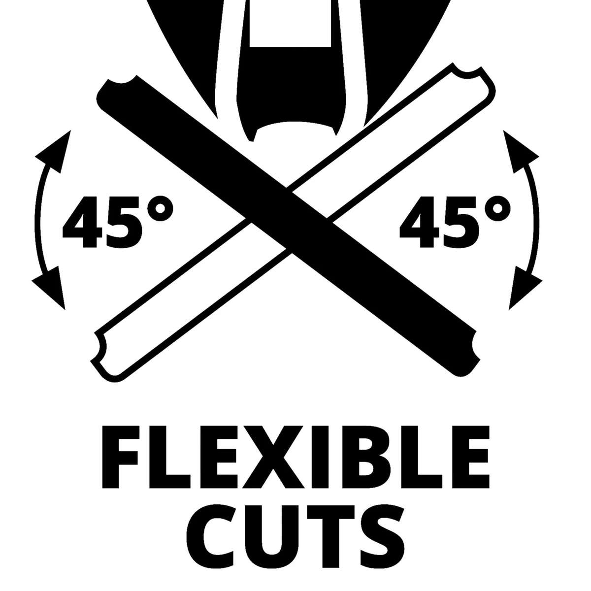İki çapraz çubuk, 45 derece oklar ve FLEXIBLE CUTS yazısı gösteren siyah beyaz bir simge.