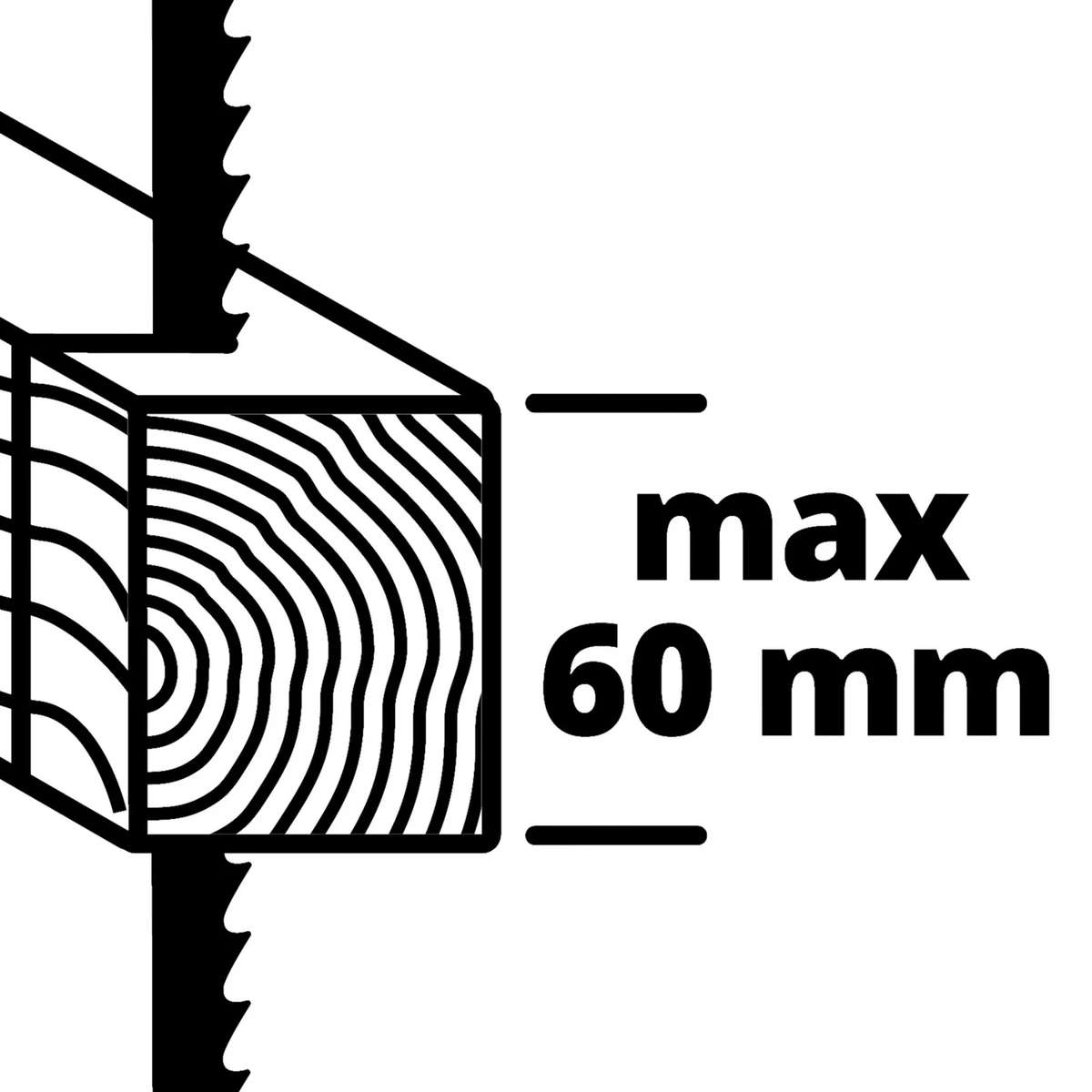 Maksimum 60 mm kalınlığında ahşap kesimini gösteren teknik çizim.