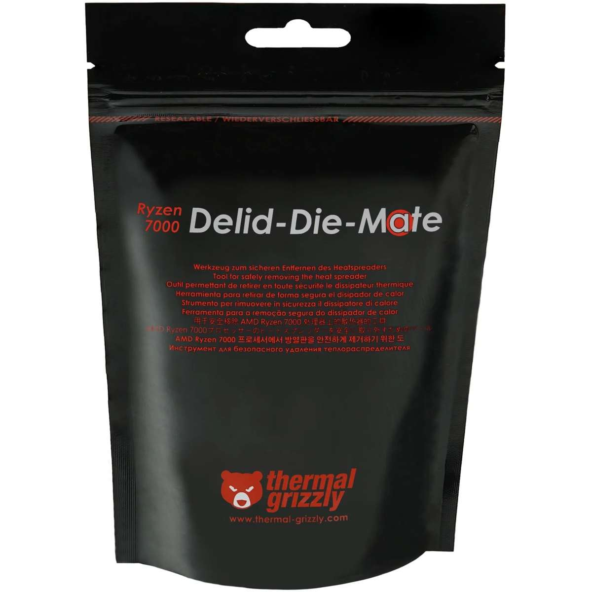 Schwarze Thermal Grizzly Delid-Die-Mate Verpackung mit weißer und roter Aufschrift.