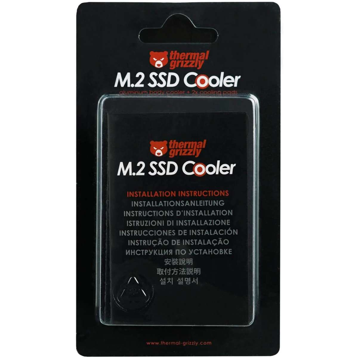 Verpackung für Thermal Grizzly M.2 SSD Cooler mit mehrsprachiger Installationsanleitung.