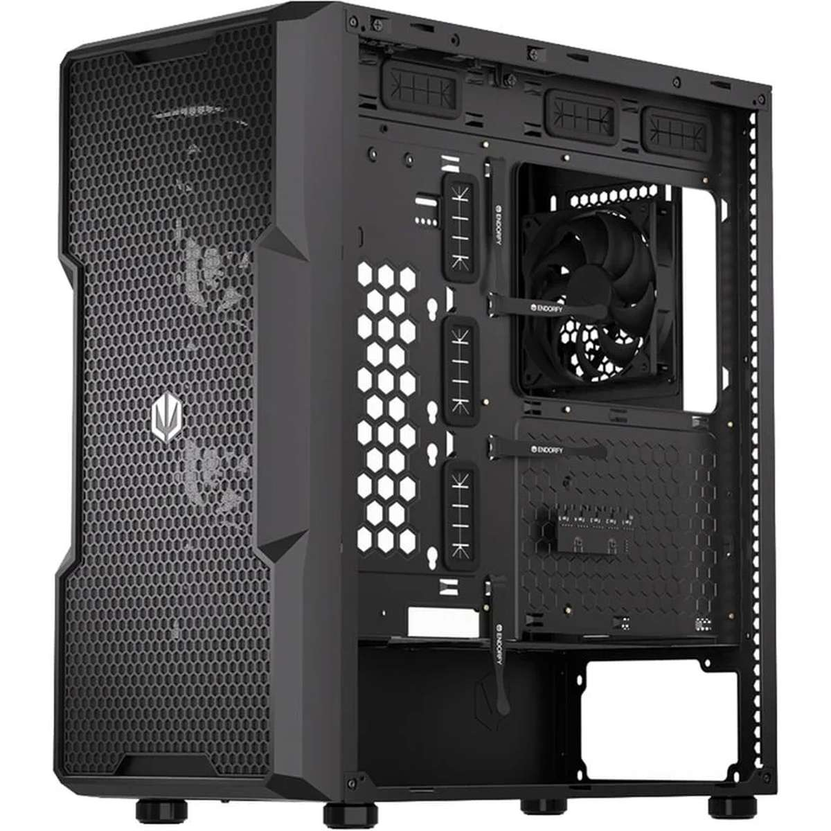 Boîtier PC noir avec panneau avant en mesh et un ventilateur préinstallé.