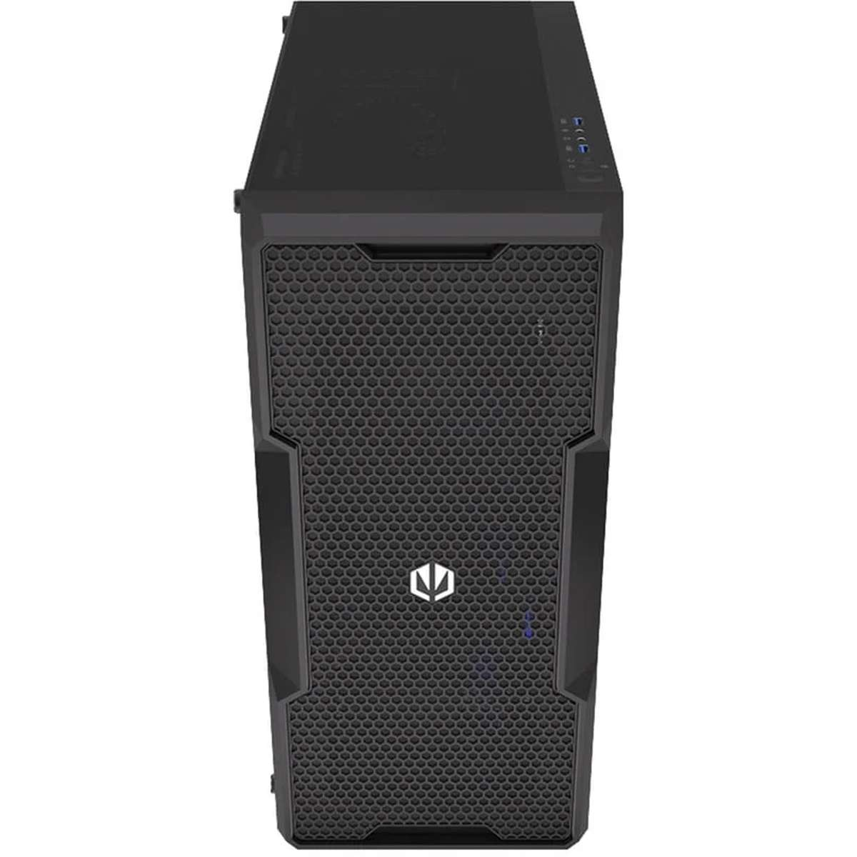 Une tour d'ordinateur noire avec une façade en grille et un logo blanc.