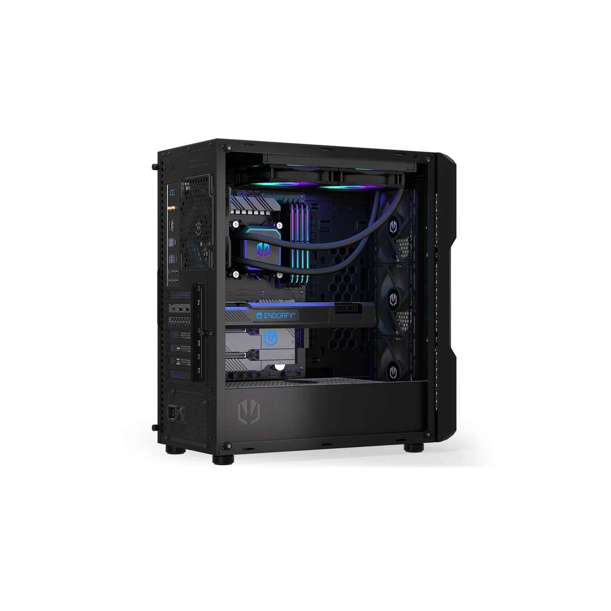 Czarna obudowa komputera z niebieskim oświetleniem RGB w środku ukazuje płytę główną i komponenty.
