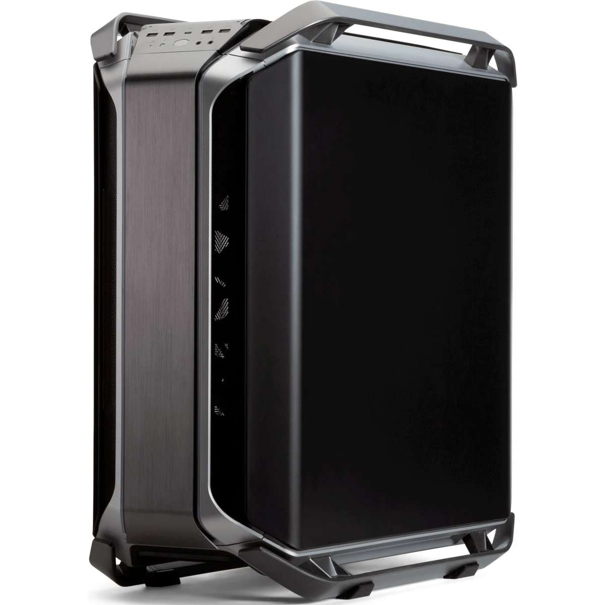 Un boitier de PC gris et moderne avec vitre teintee et poignees solides sur fond blanc.