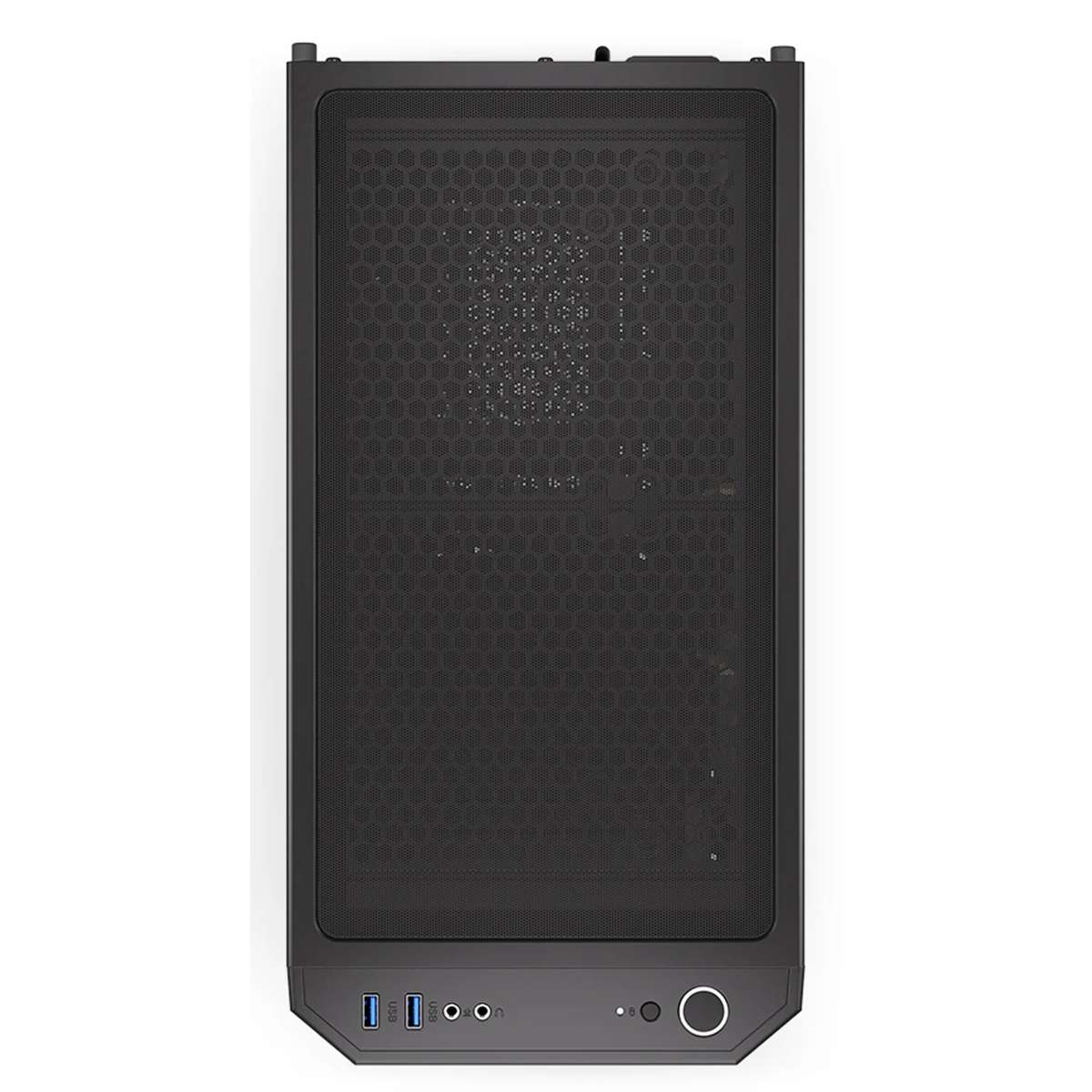 Boîtier de PC noir avec façade en grille et ports USB.