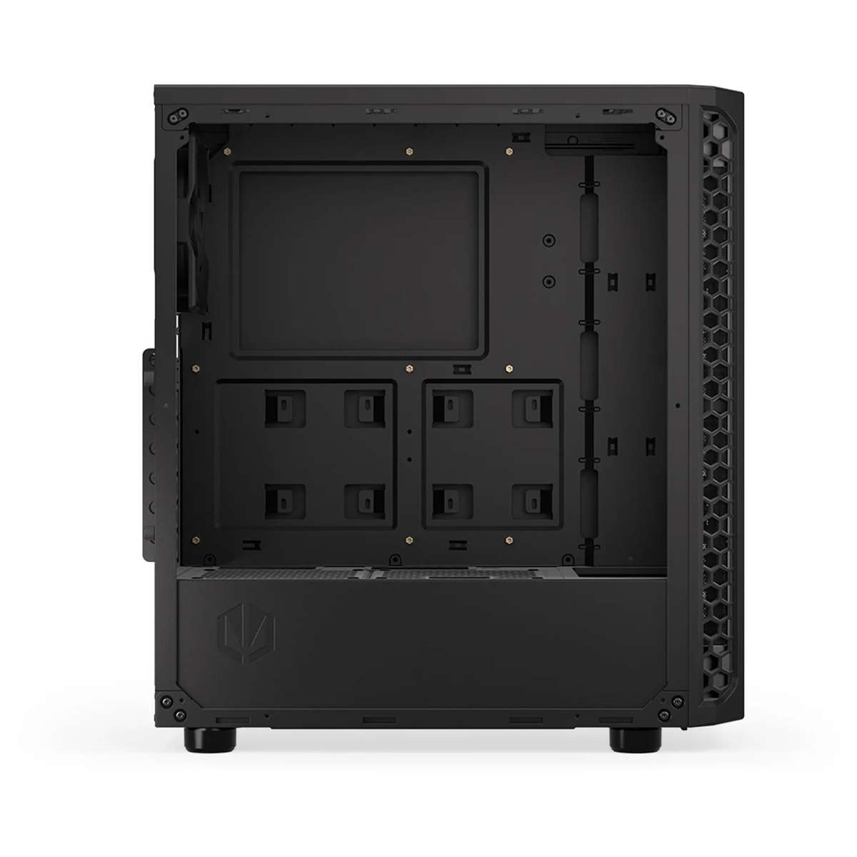 Vue intérieure d'un boîtier de PC noir avec disposition ouverte et trous de câbles.