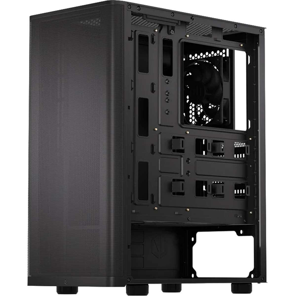 Boîtier de PC noir avec façade en maille et un ventilateur arrière préinstallé.