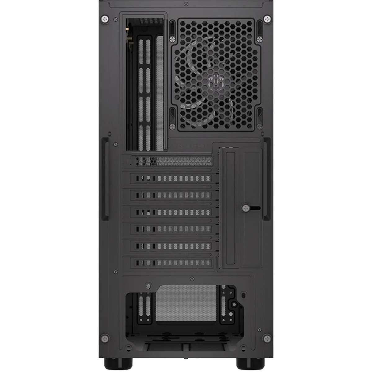 Vue arrière d'un boîtier d'ordinateur noir avec grille de ventilateur, emplacements d'extension et alimentation.