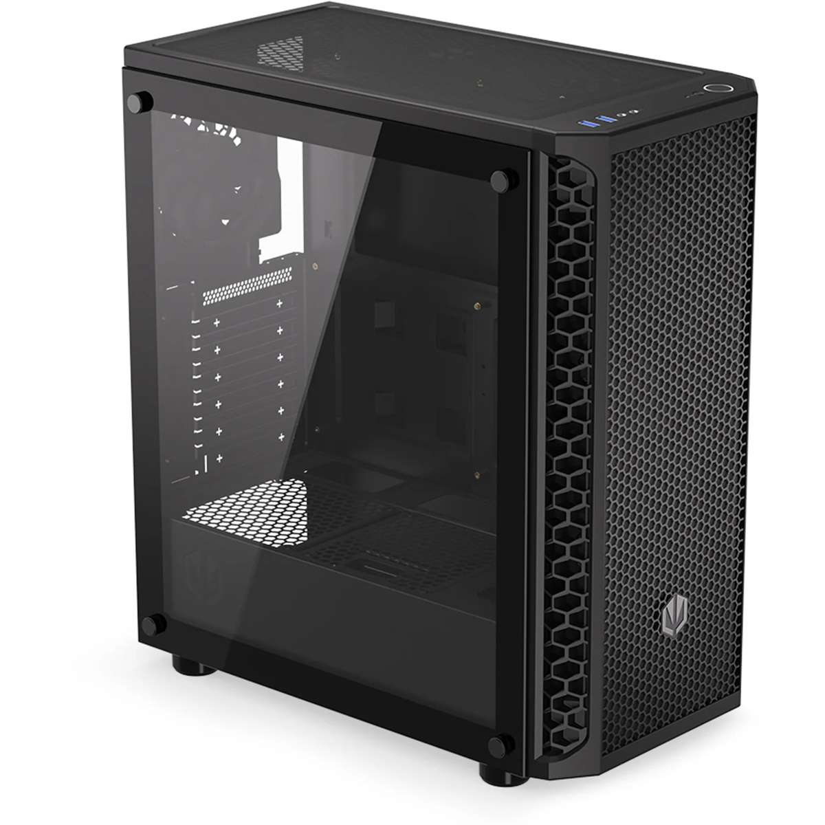 Boîtier de PC noir avec panneau latéral en verre et façade en maille sur fond blanc.