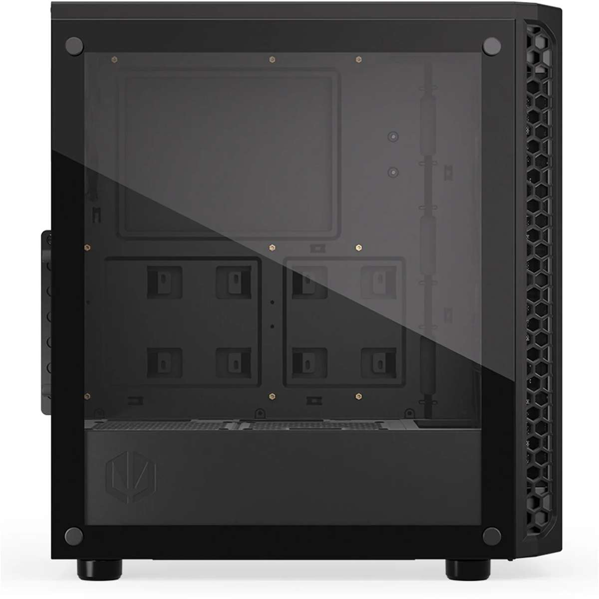 Boîtier PC noir avec panneau latéral en verre et cache alimentation.