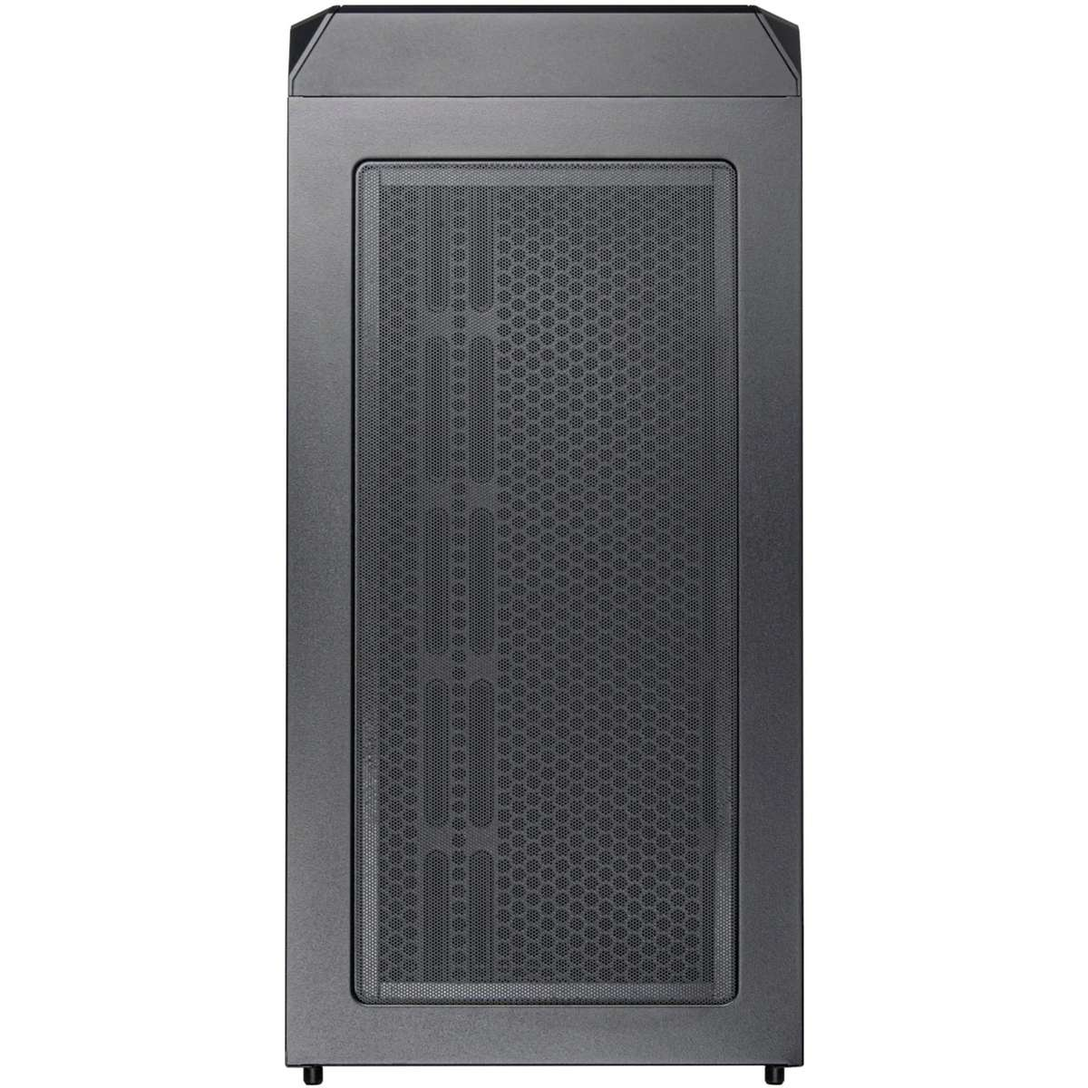 Vue de face d'un boîtier d'ordinateur noir doté d'une grande grille centrale en mesh pour la ventilation.