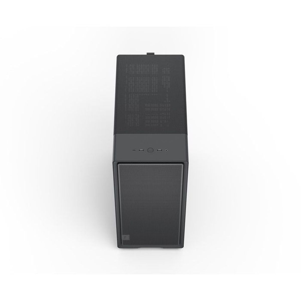 Un boitier PC noir vu de face avec grille métallique et bouton d'alimentation.
