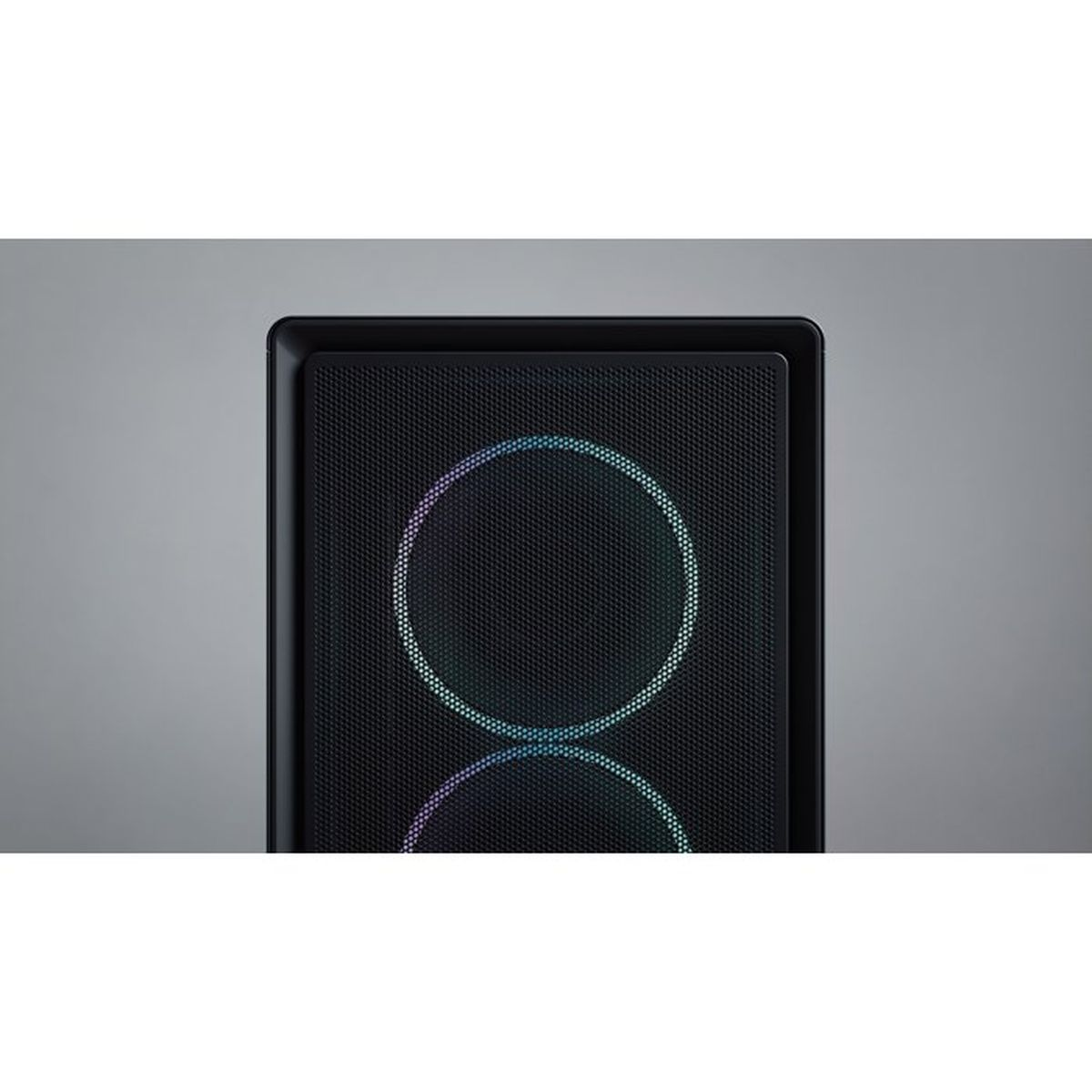 Un appareil noir avec un motif d'anneau circulaire multicolore lumineux sur le devant sur un fond gris.