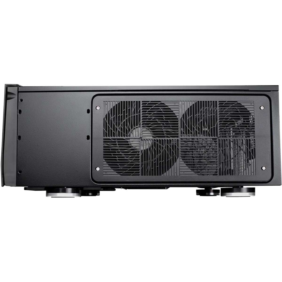 Vue de dessous d'un appareil électronique noir avec deux ventilateurs intégrés et des pieds ronds.