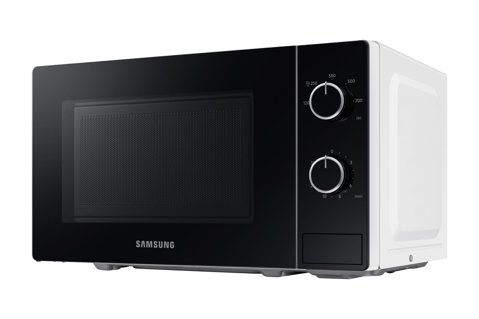 Eine weiße Samsung-Mikrowelle mit schwarzer Front und zwei Drehknöpfen auf der rechten Seite.