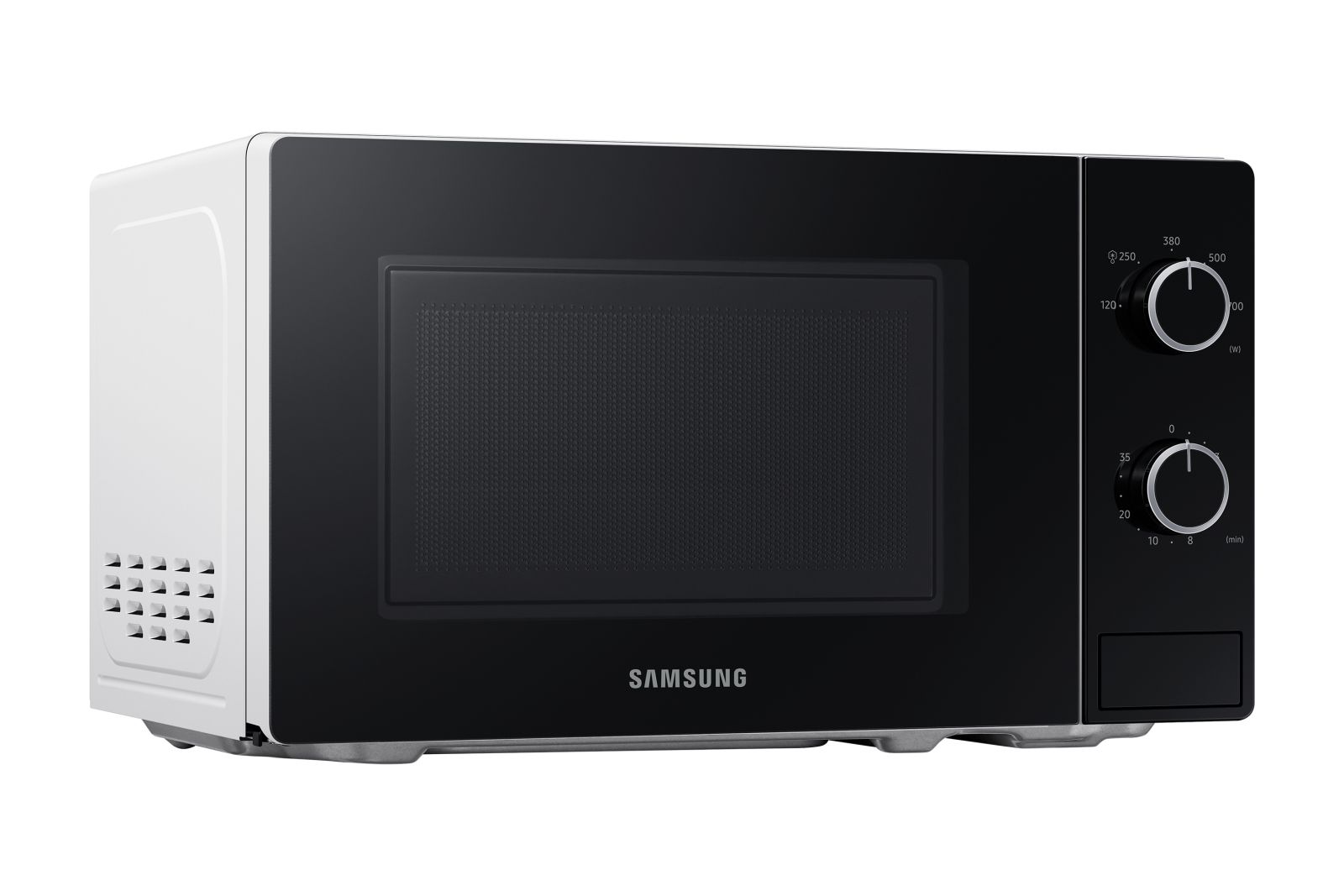 Eine weiße Samsung-Mikrowelle mit schwarzer Front und zwei Drehreglern.