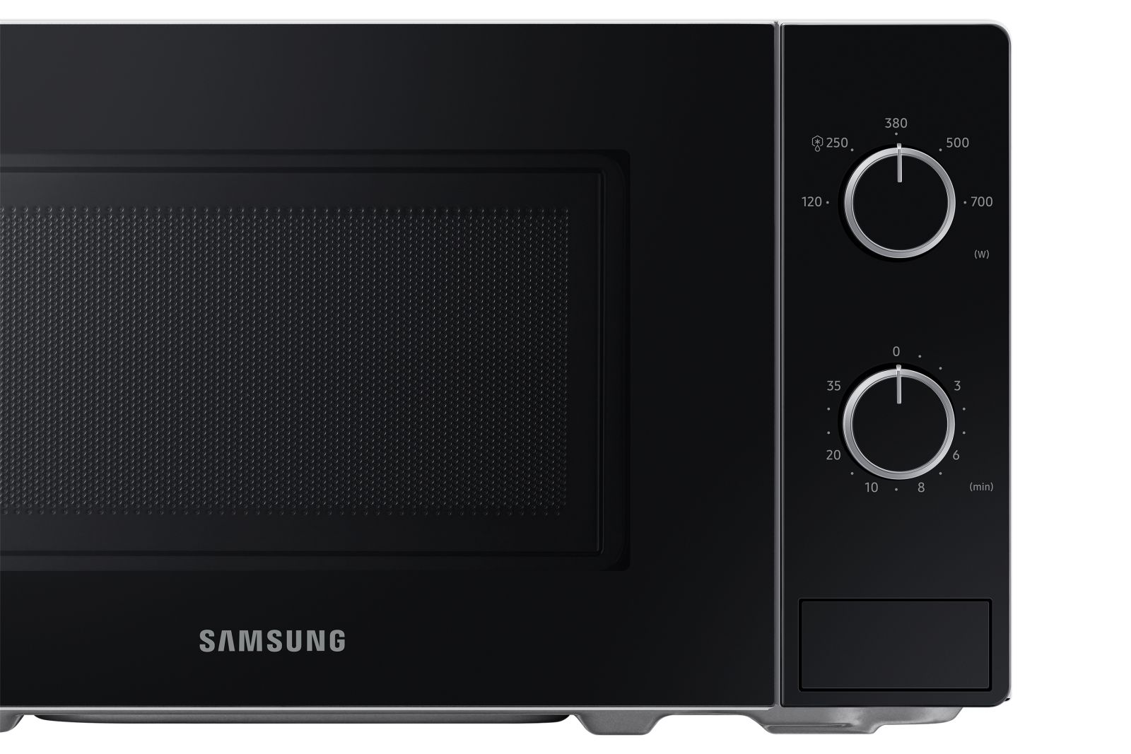 Eine schwarze Samsung-Mikrowelle mit zwei silbernen Drehreglern auf der rechten Seite und dem Markenlogo unten links.
