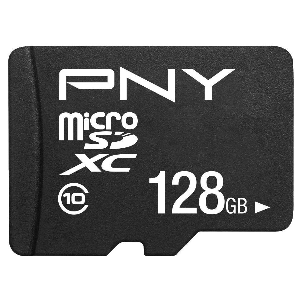 Una tarjeta de memoria microSDXC PNY negra de 128 GB con texto blanco.