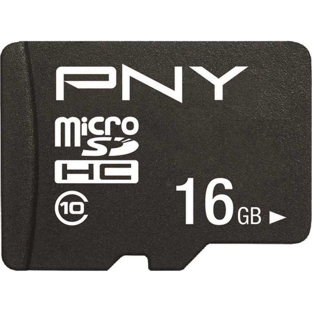 Una tarjeta de memoria MicroSDHC PNY de 16 GB negra con texto y logotipos blancos.