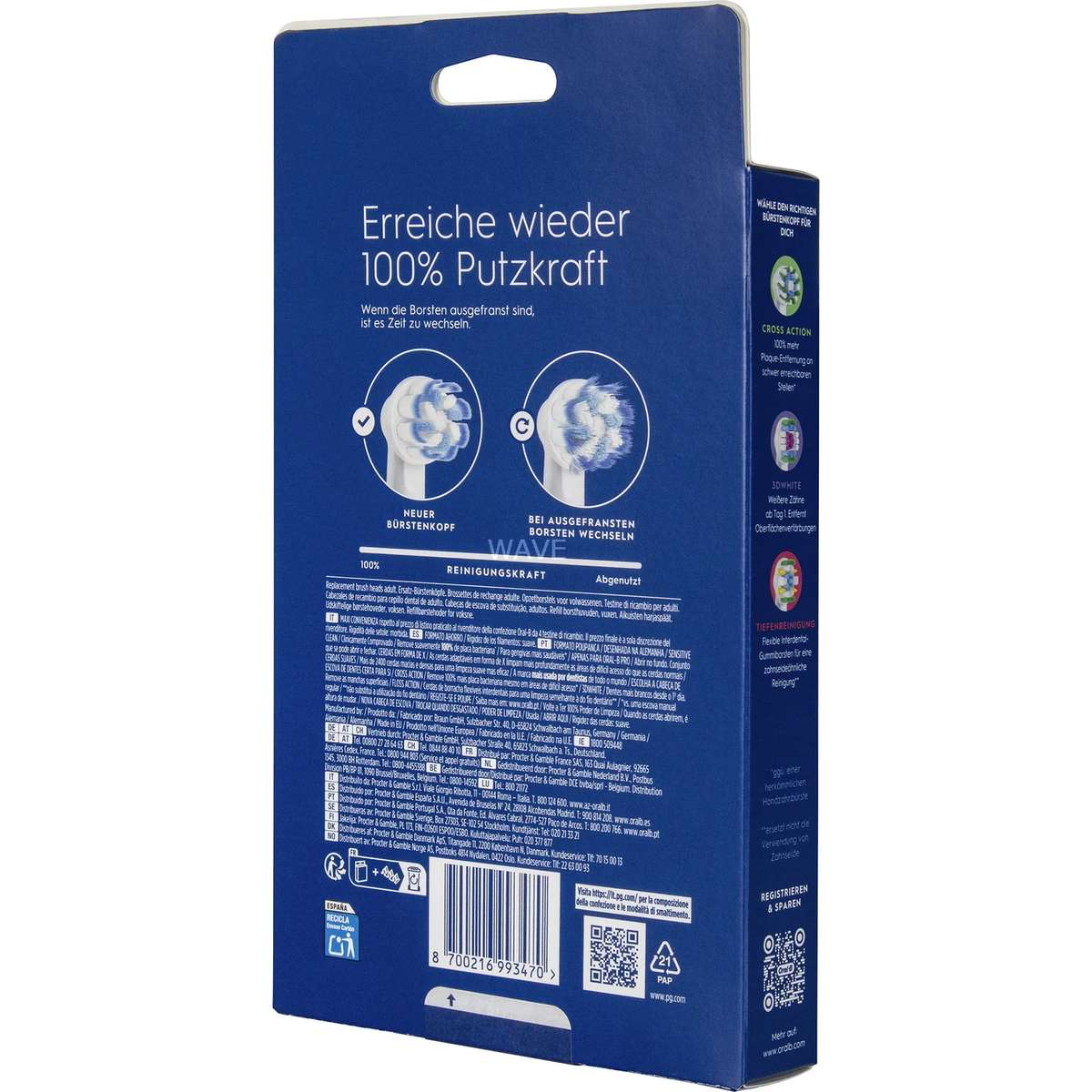 Blaue Verpackung von Oral-B Ersatzzahnbürsten mit Text und Grafiken.