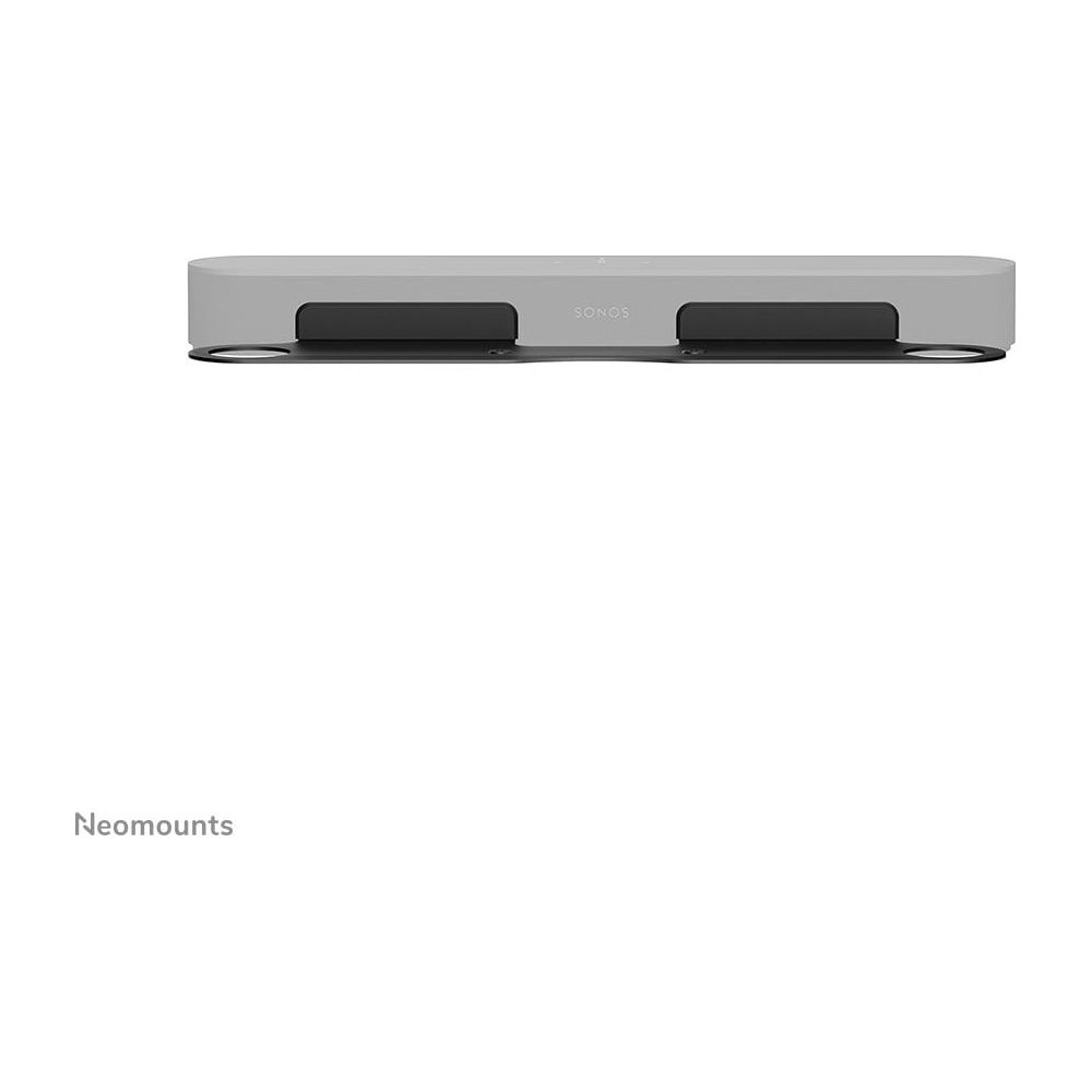 Eine graue Sonos-Soundbar ist auf einer schwarzen Halterung mit dem Neomounts-Logo unten links montiert.