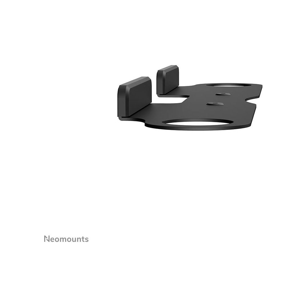 Schwarze Metallhalterung mit Gummipuffern vor weißem Hintergrund, unten links das Logo Neomounts.