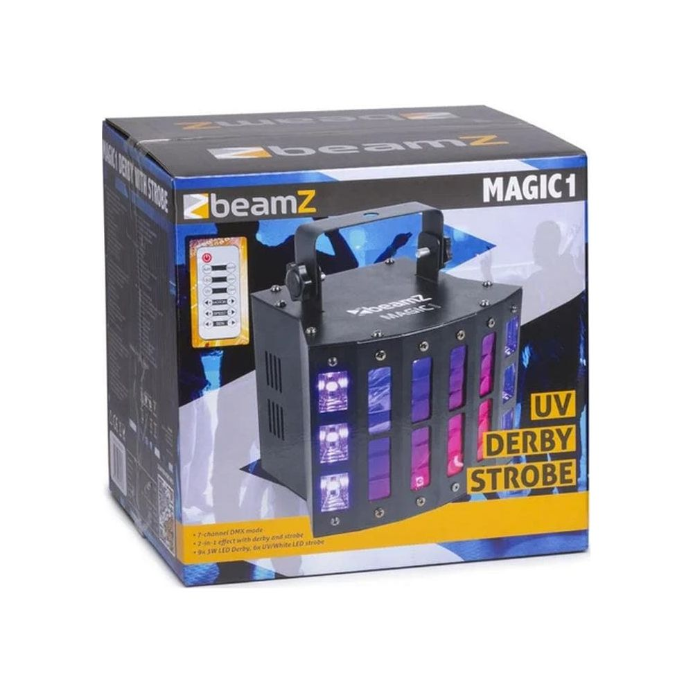 Verpackung der BeamZ Magic1 UV Derby Strobe Lichteffektlampe mit schwarzem Gehäuse und LED-Linsen.