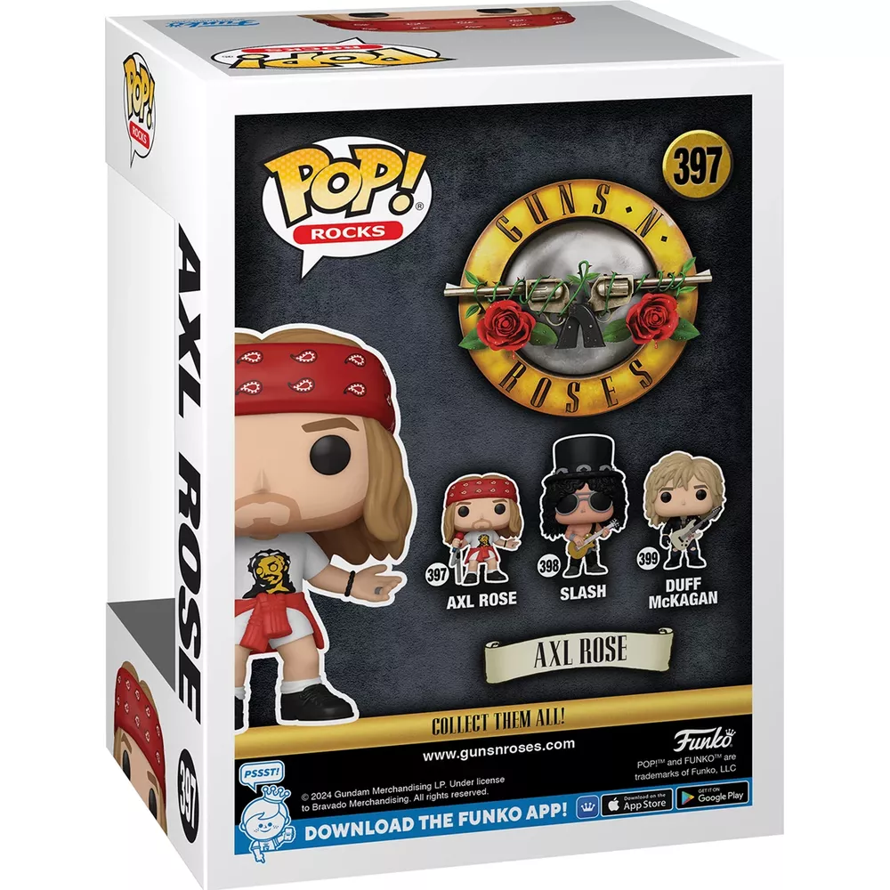 Figure da collezione Funko Pop Rocks Axl Rose in scatola con logo Guns N Roses e altri membri.