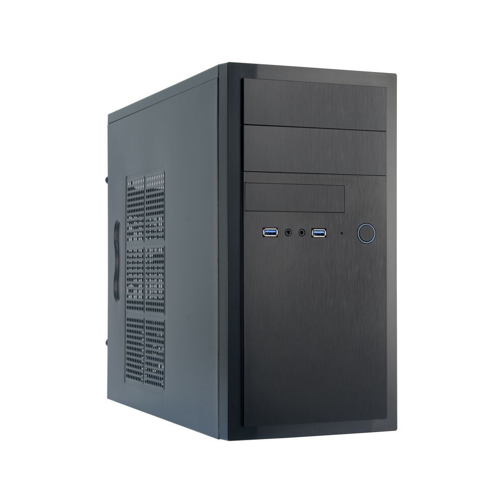 Une tour d'ordinateur noire sur fond blanc avec des ports USB en façade.