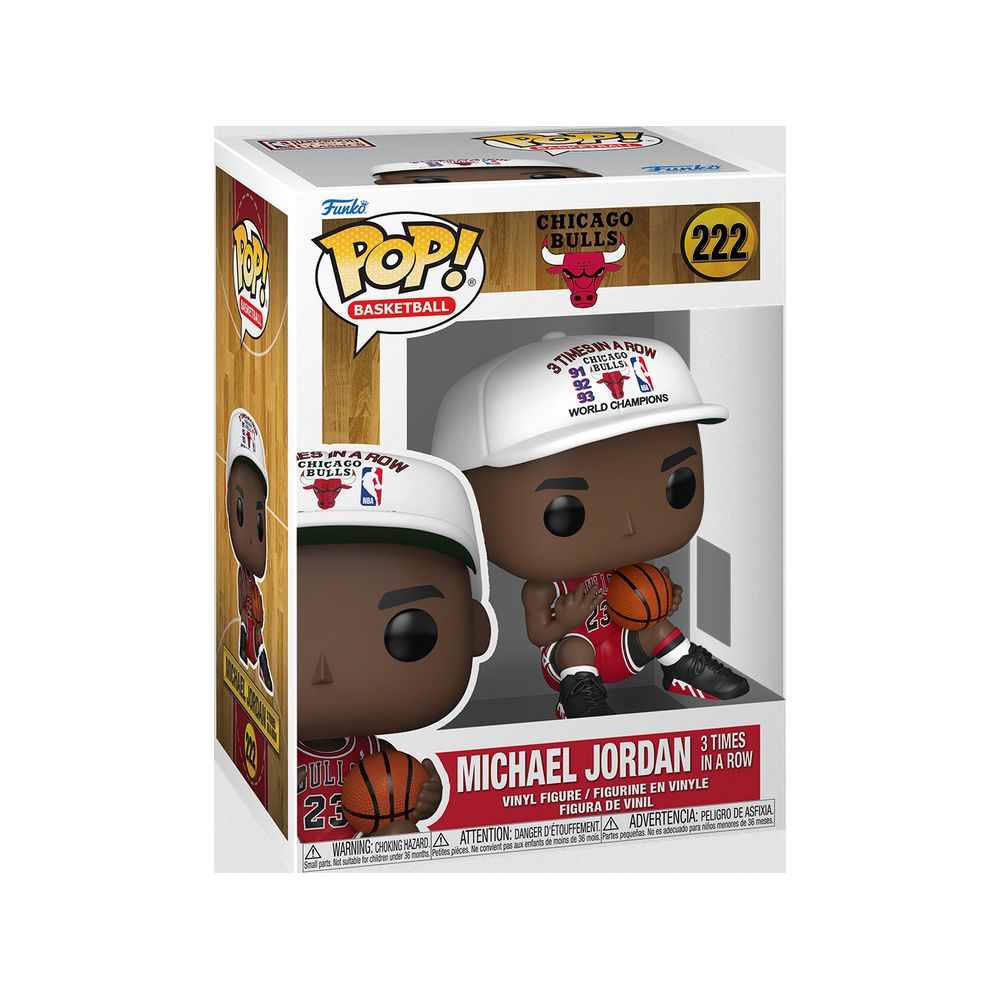 Figura Funko Pop di Michael Jordan in maglia rossa dei Bulls con cappello bianco e pallacanestro.