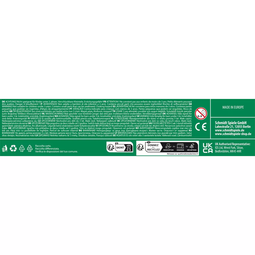 Mehrsprachige Warnhinweise, CE-Kennzeichnung und Herstellerinformationen auf grüner Verpackung.