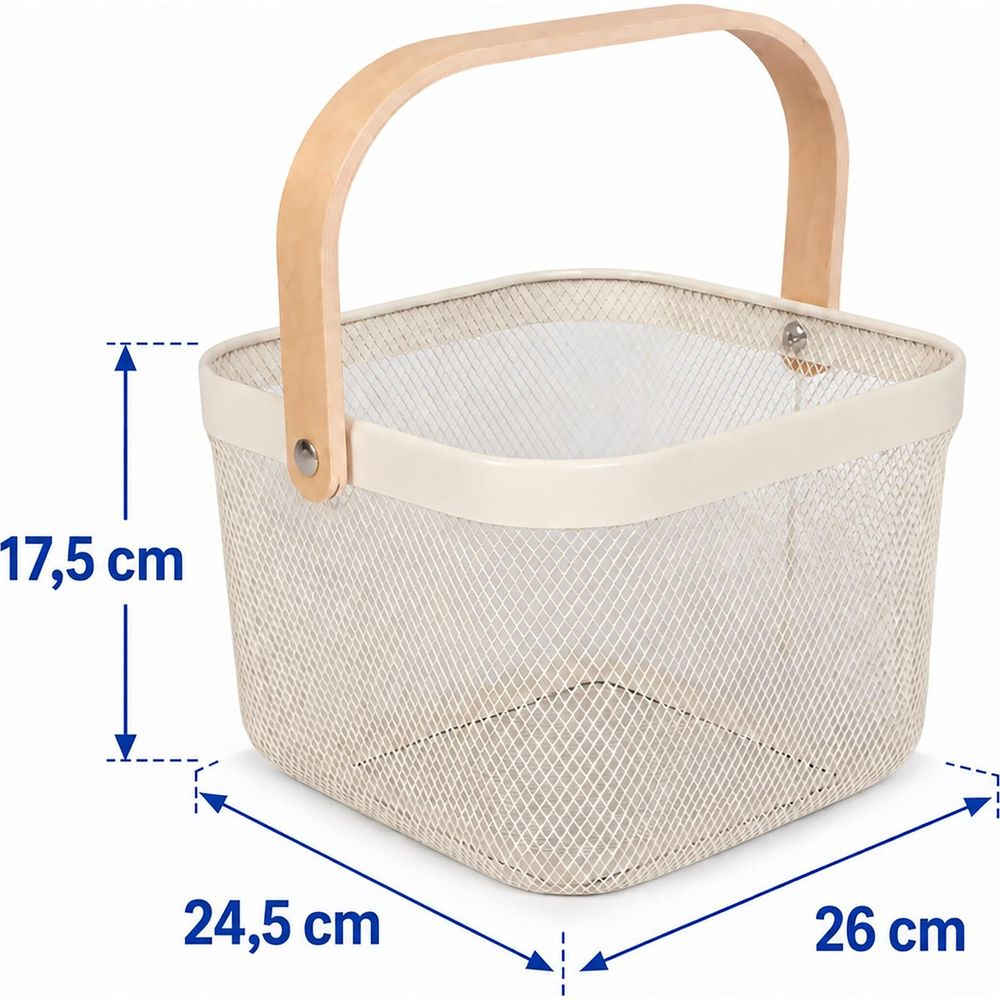 Beige Drahtkorb mit Holzgriff und Maßen: Höhe 17,5 cm, Breite 24,5 cm, Tiefe 26 cm.