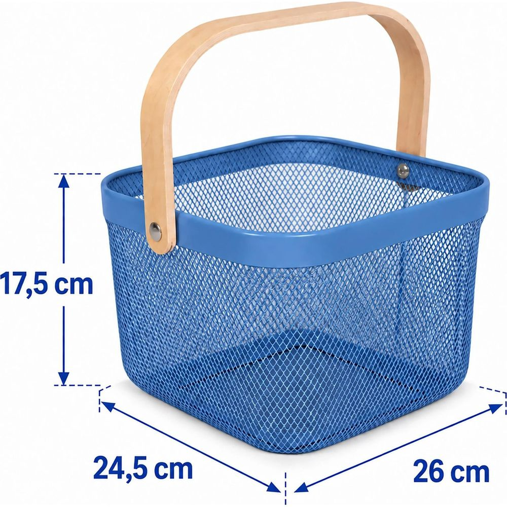 Blauer Drahtkorb mit Holzgriff und Maßangaben in Zentimetern.