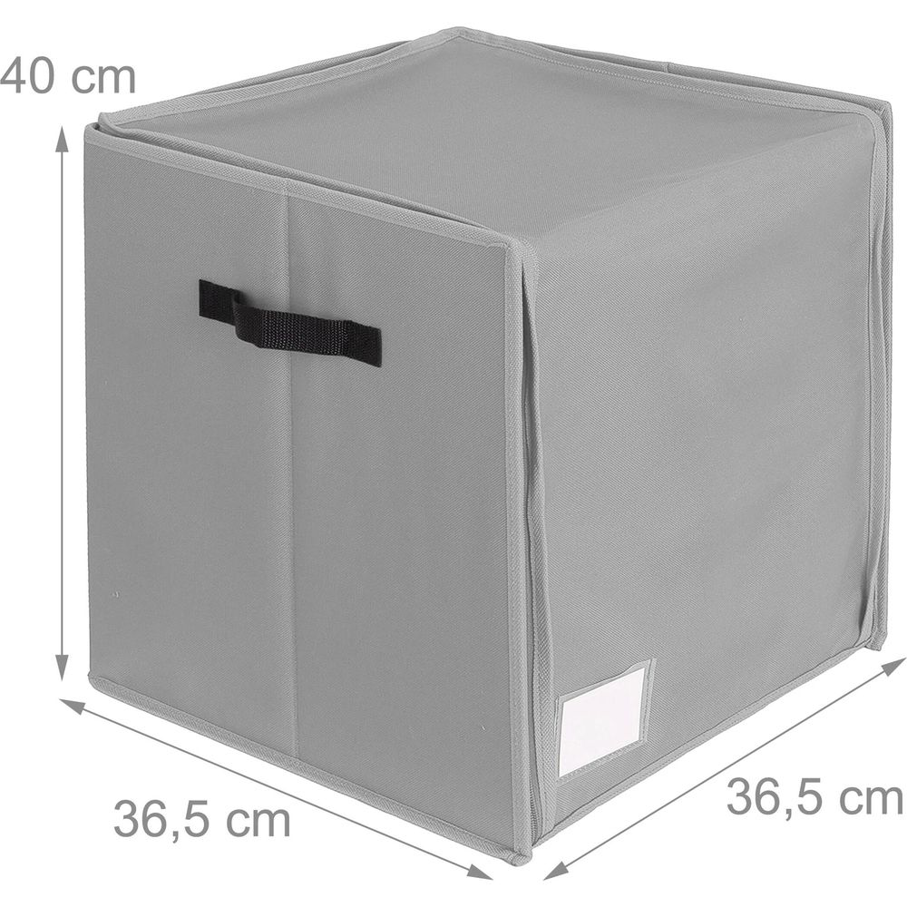 Graue Faltbox mit schwarzem Griff und Maßangaben in cm auf weißem Hintergrund.
