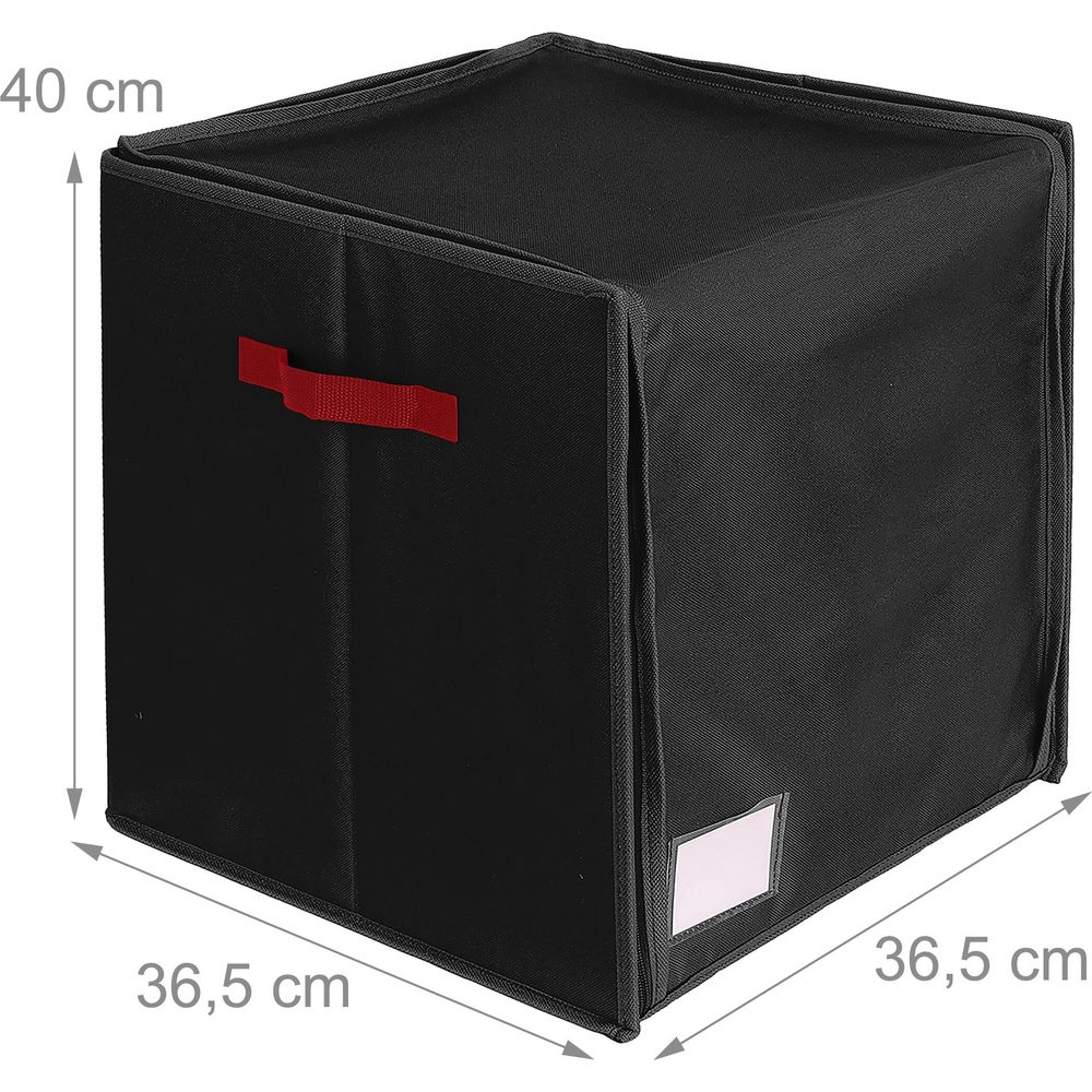 Schwarze Stoff-Aufbewahrungsbox mit rotem Griff und Maßangaben.