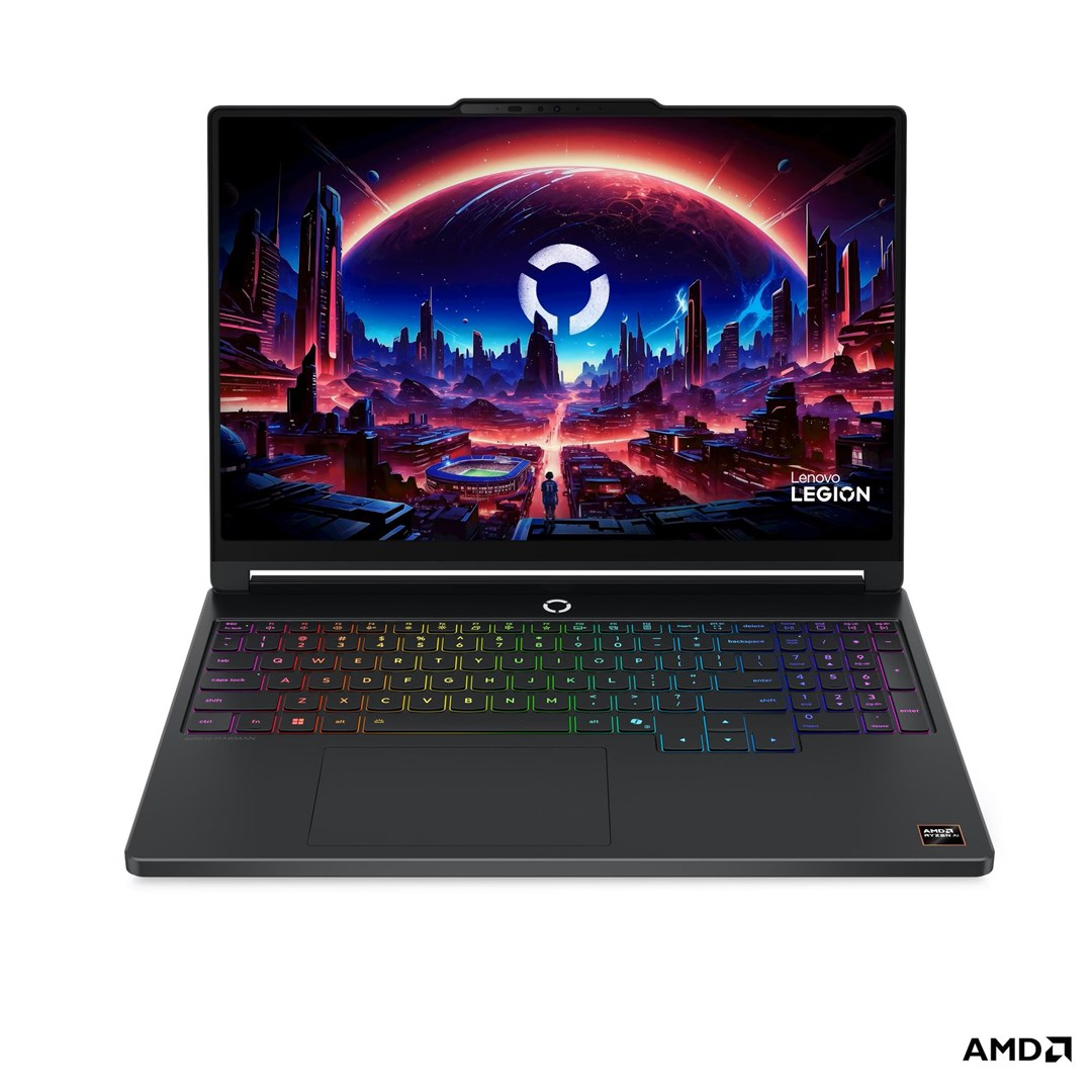 Czarny laptop Lenovo Legion z podświetlaną klawiaturą i cyberpunkową tapetą na ekranie.