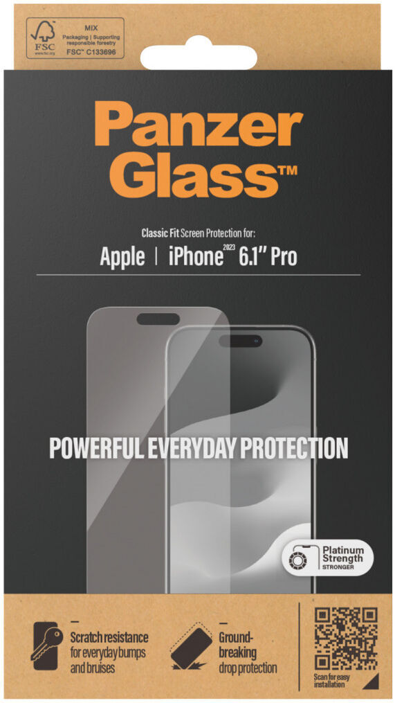 Emballage PanzerGlass pour Apple iPhone 6.1 Pro avec protecteur et caractéristiques.