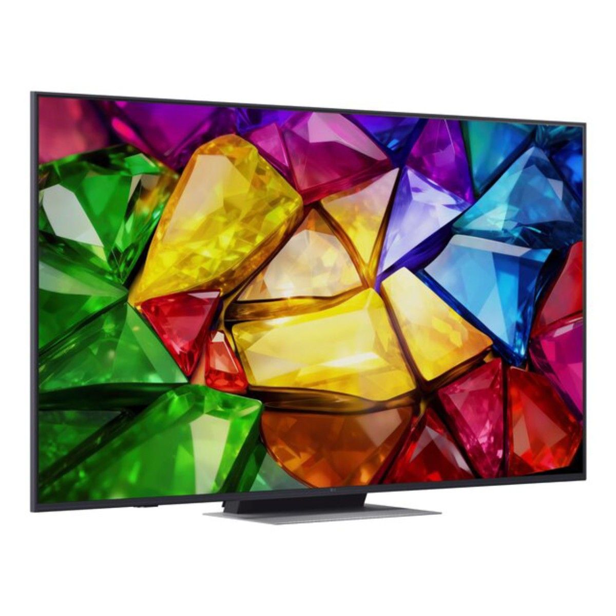 Ein Fernseher zeigt ein farbenfrohes Muster aus bunten, glänzenden Edelsteinen.
