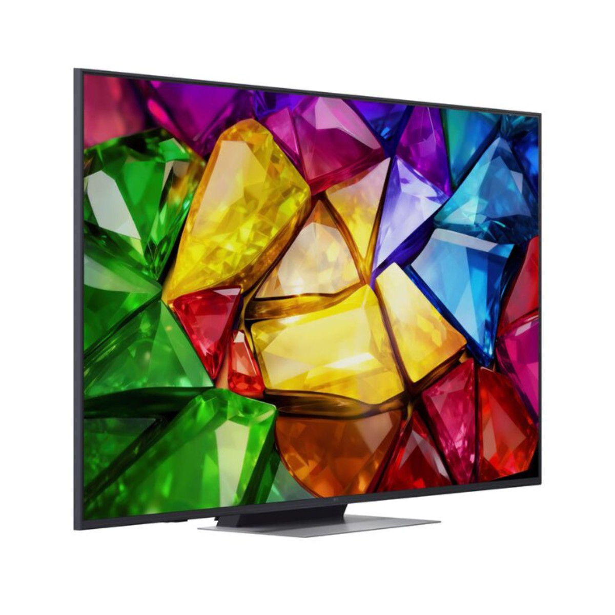 Flachbildfernseher mit einem bunten Mosaik aus glänzenden Juwelen auf dem Display vor weißem Hintergrund.