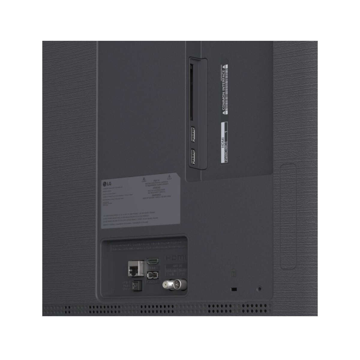 Rückseite eines grauen LG-Fernsehers mit verschiedenen Anschlüssen wie HDMI, USB und Antenne.